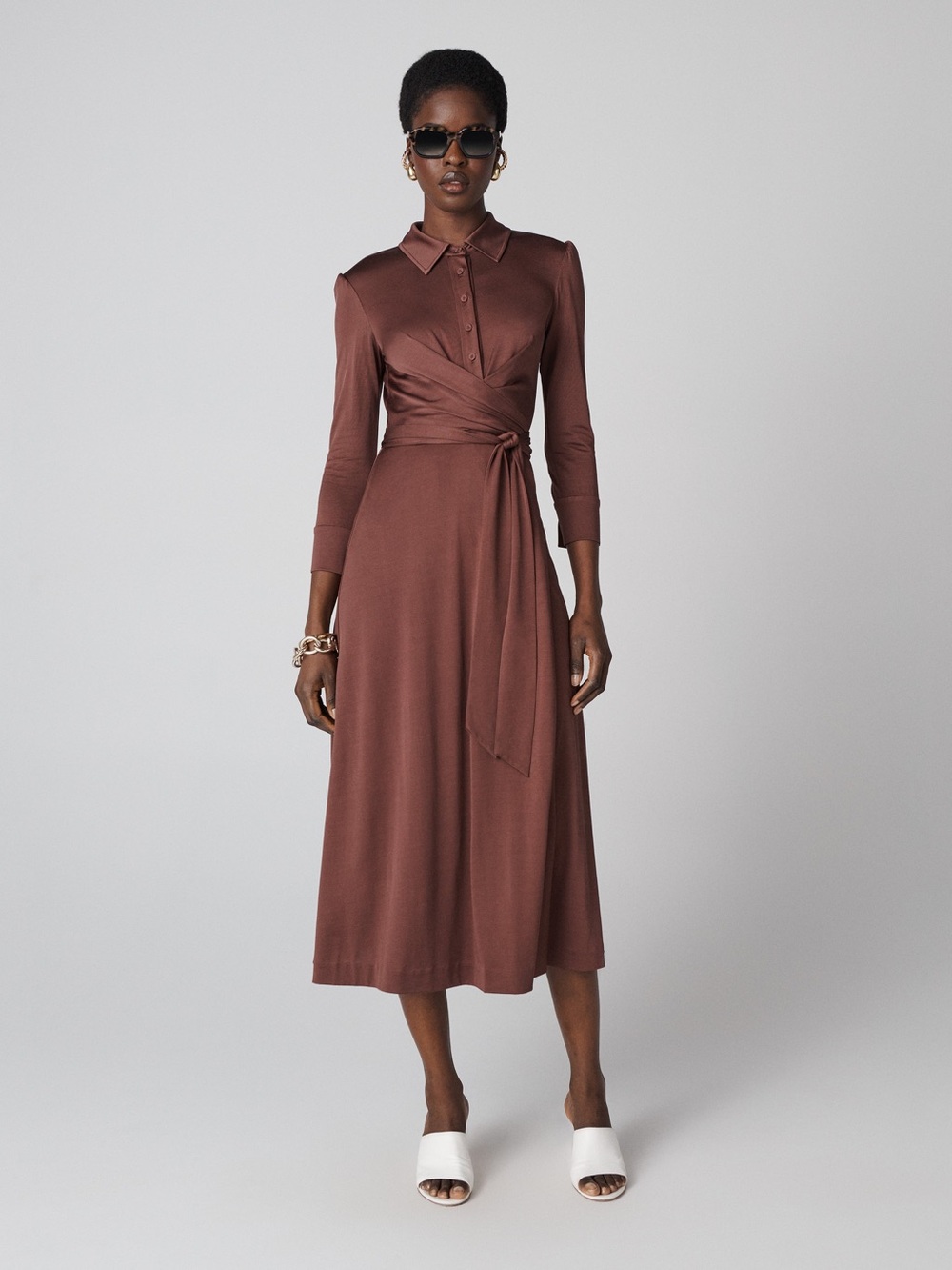 Diane von Furstenberg Womens Sana Wrap Midi Shirt Dress Small Brown Tie Waist